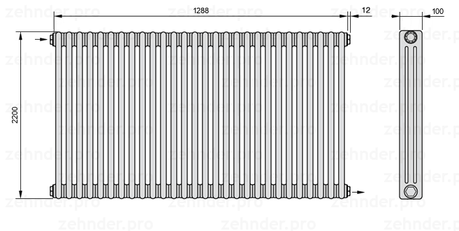 Схема (чертеж) Радиатор Zehnder Charleston 3220/28 №1670 Белый глянцевый RAL 9016